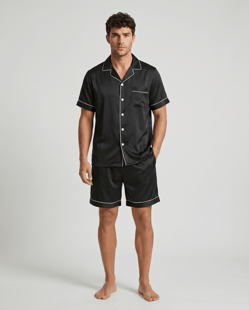 Men’s Pajama Set Short Sleeve Button Up-Stilenza-Black-M-Stilenza