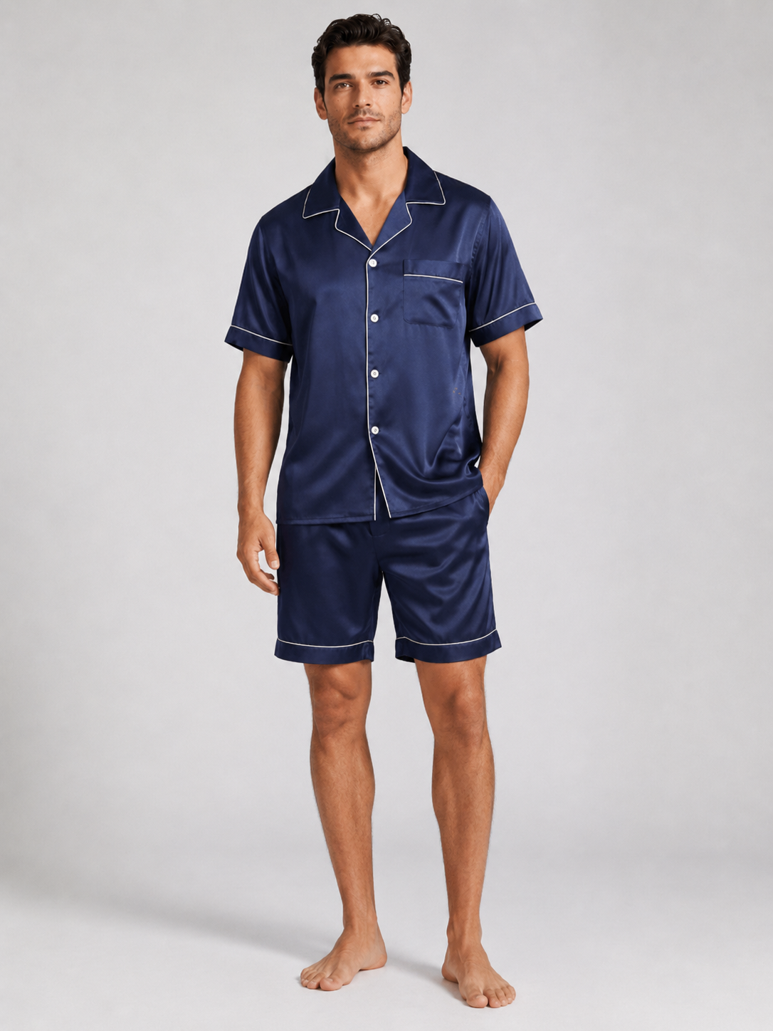 Men’s Pajama Set Short Sleeve Button Up-Stilenza-Navy Blue-M-Stilenza
