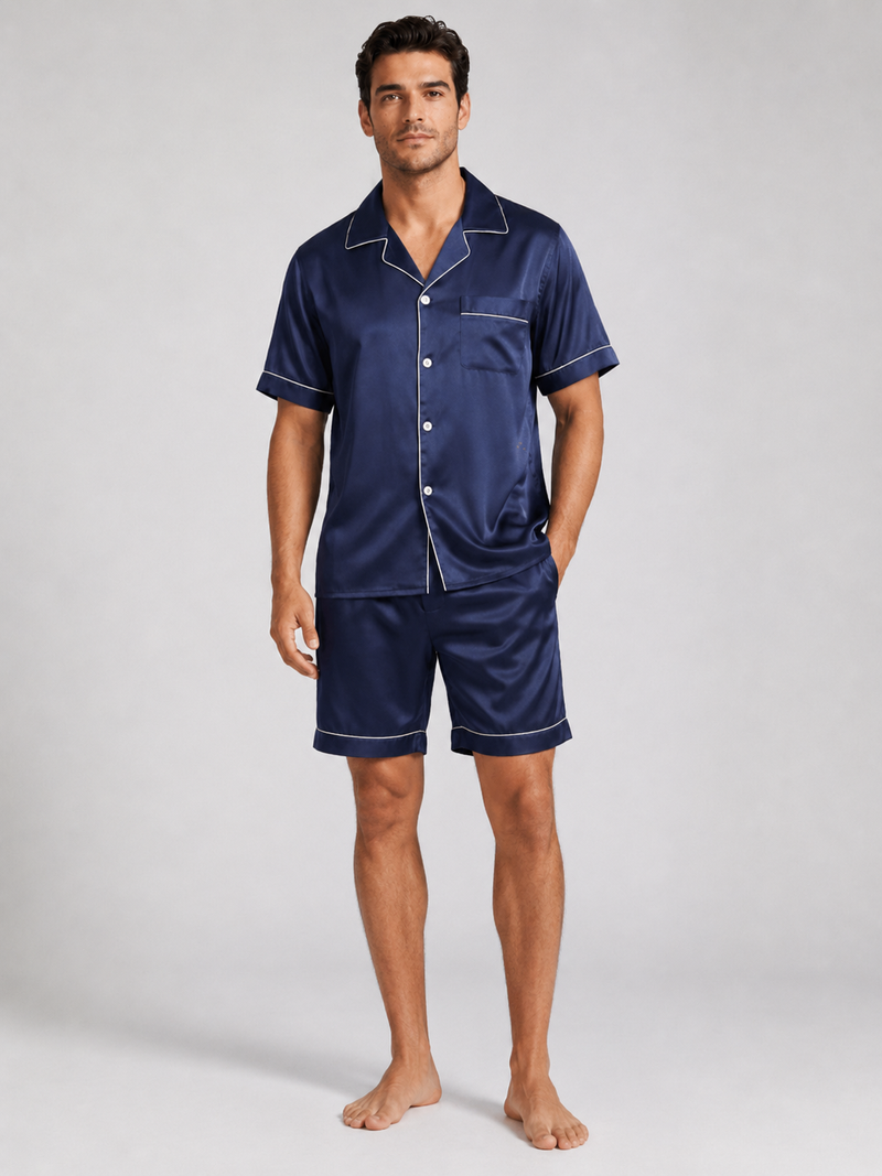 Men’s Pajama Set Short Sleeve Button Up-Stilenza-Navy Blue-M-Stilenza