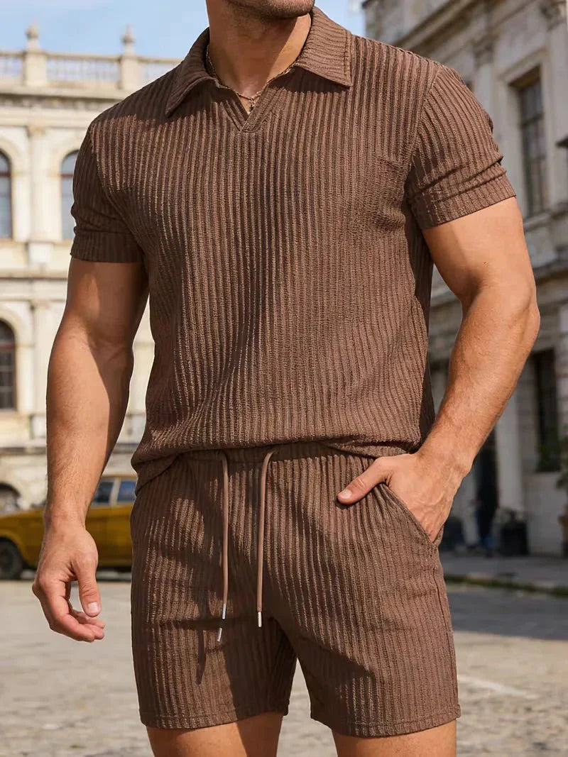 Men’s Ribbed Polo Shirt & Shorts Set-Zomer kledingsets-Stilenza-Stilenza