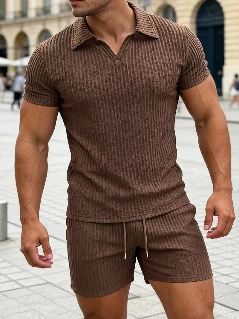 Men’s Ribbed Polo Shirt & Shorts Set-Zomer kledingsets-Stilenza-Stilenza
