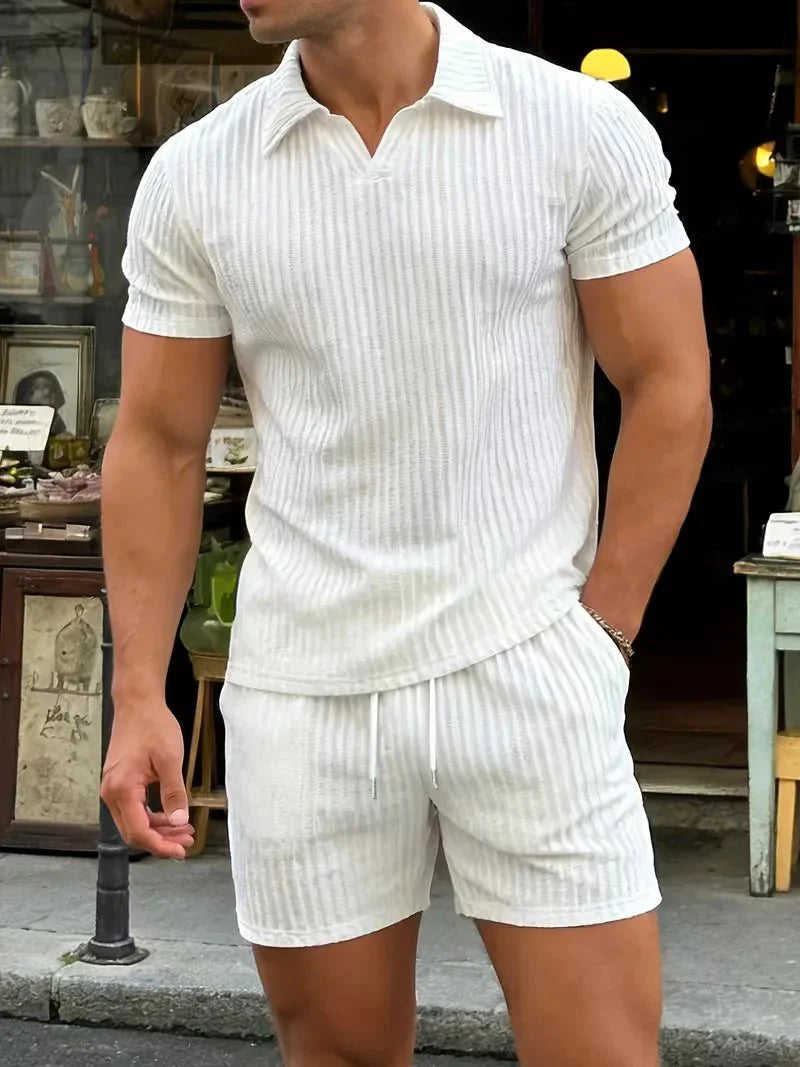 Men’s Ribbed Polo Shirt & Shorts Set-Zomer kledingsets-Stilenza-Stilenza