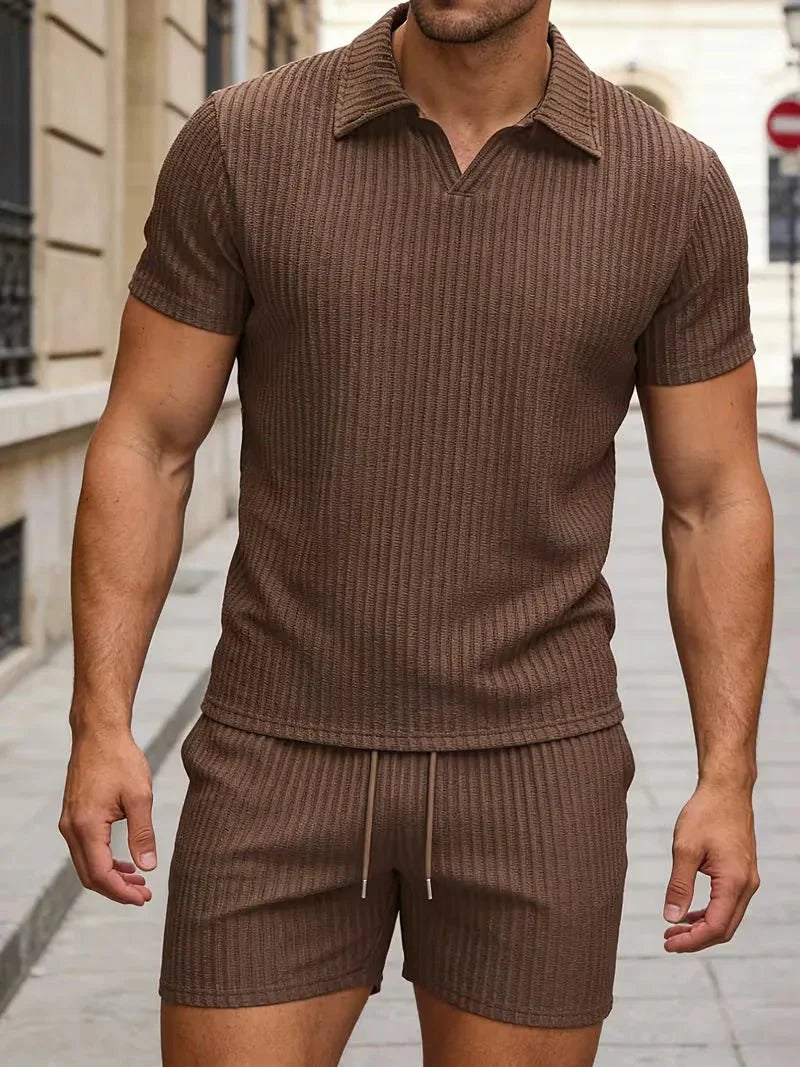 Men’s Ribbed Polo Shirt & Shorts Set-Zomer kledingsets-Stilenza-Stilenza