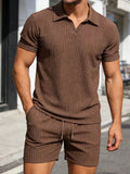 Men’s Ribbed Polo Shirt & Shorts Set-Zomer kledingsets-Stilenza-Dark Brown-S-Stilenza