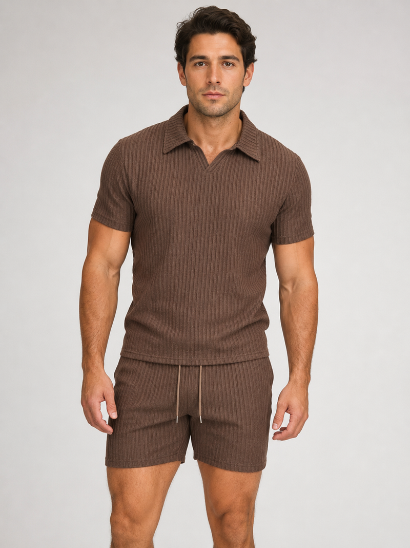 Mens-Ribbed-Polo-Shirt-Shorts-Set-Zomer-kledingsets-Stilenza-White-S c