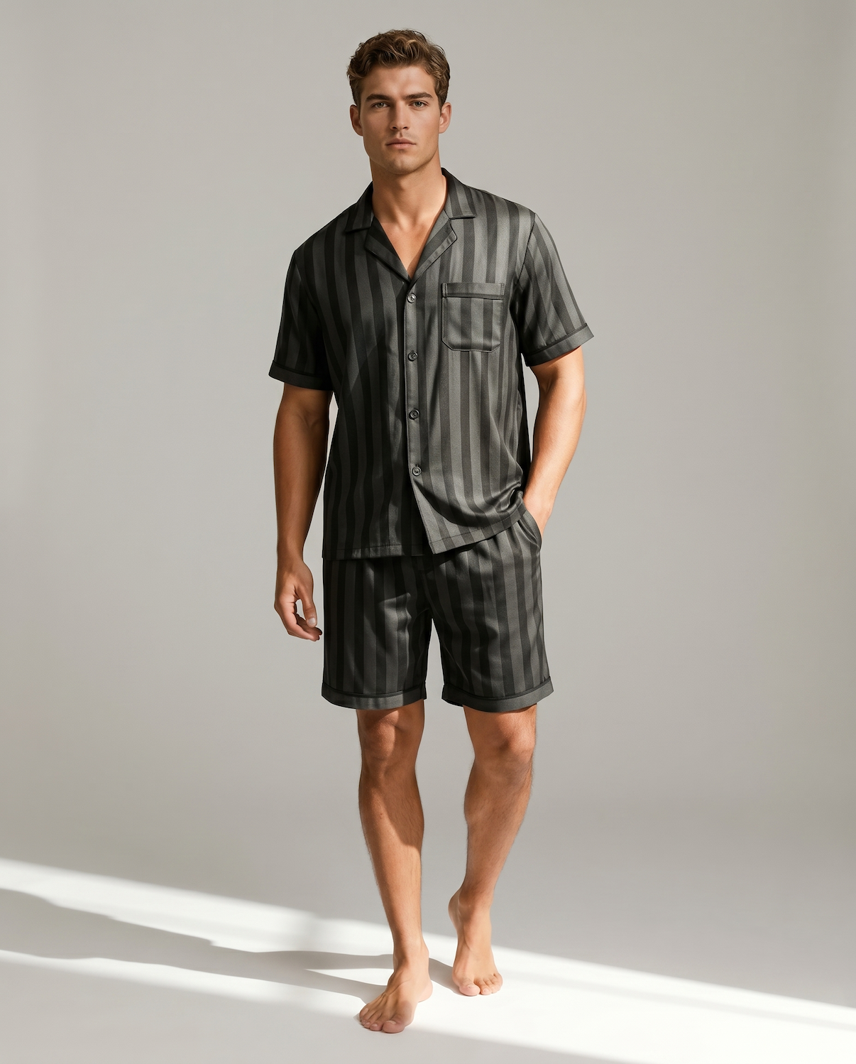 Men’s Short Sleeve Pajama Set with Shorts-Stilenza-Black Stripes-M-Stilenza