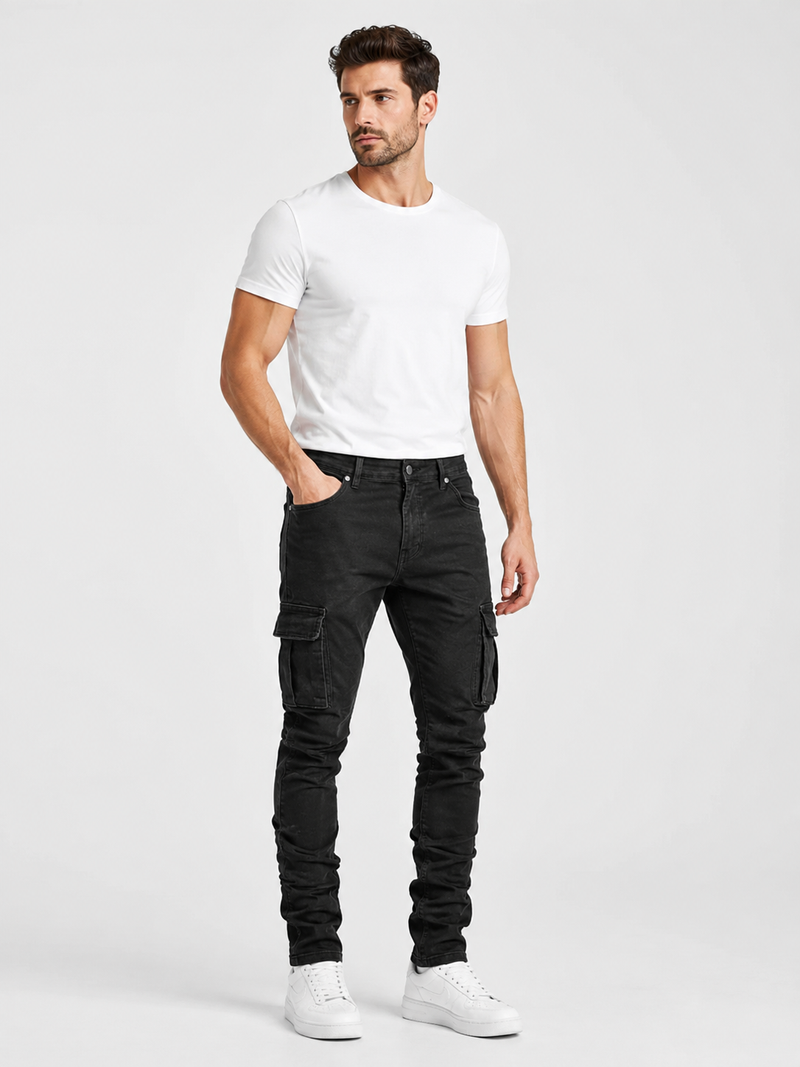 Men’s Slim Fit Cargo Pants Stacked Denim-Pants-Stilenza-Black-S-Stilenza