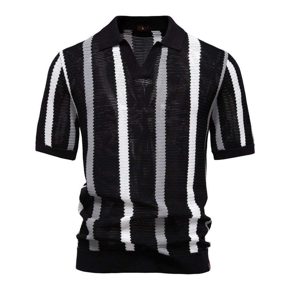 Men’s Striped Knit Polo Shirt-Stilenza-Black-S-Stilenza