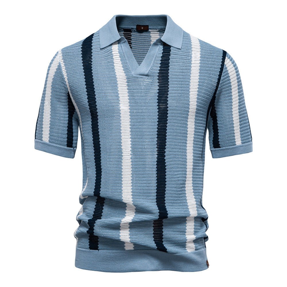 Men’s Striped Knit Polo Shirt-Stilenza-Blue-S-Stilenza