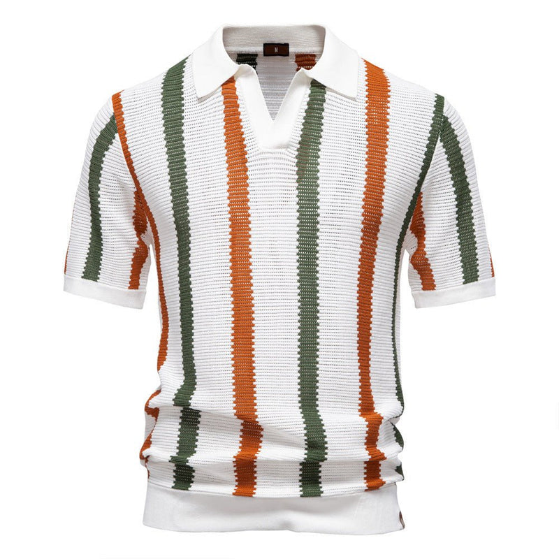 Men’s Striped Knit Polo Shirt-Stilenza-White-S-Stilenza