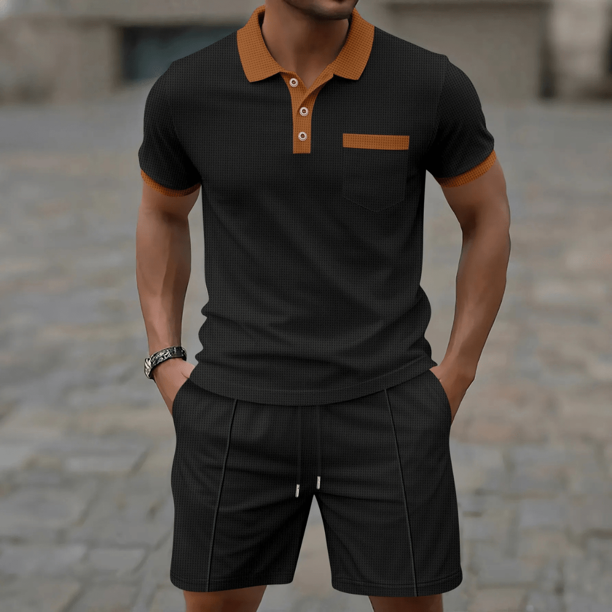 Men’s Two Piece Polo Shorts Set-Men Summer Sets-Stilenza-Black-S-Stilenza