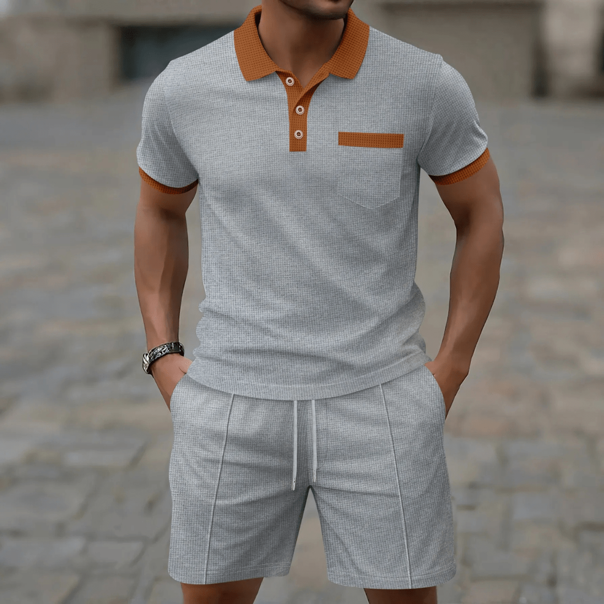 Men’s Two Piece Polo Shorts Set-Men Summer Sets-Stilenza-Grey-S-Stilenza