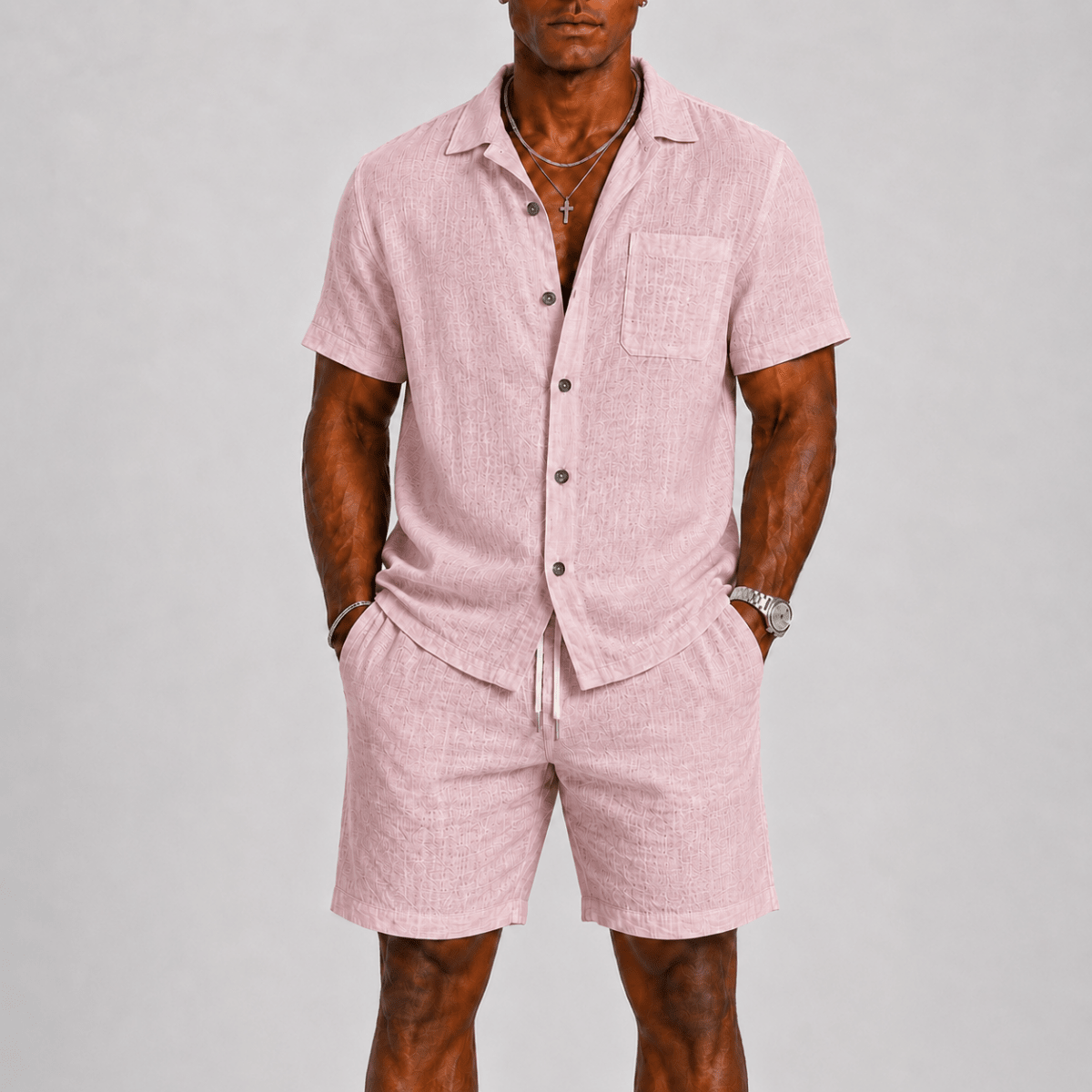 Men’s Two Piece Summer Shirt and Shorts Set-Set-Stilenza-Pink-S-Stilenza