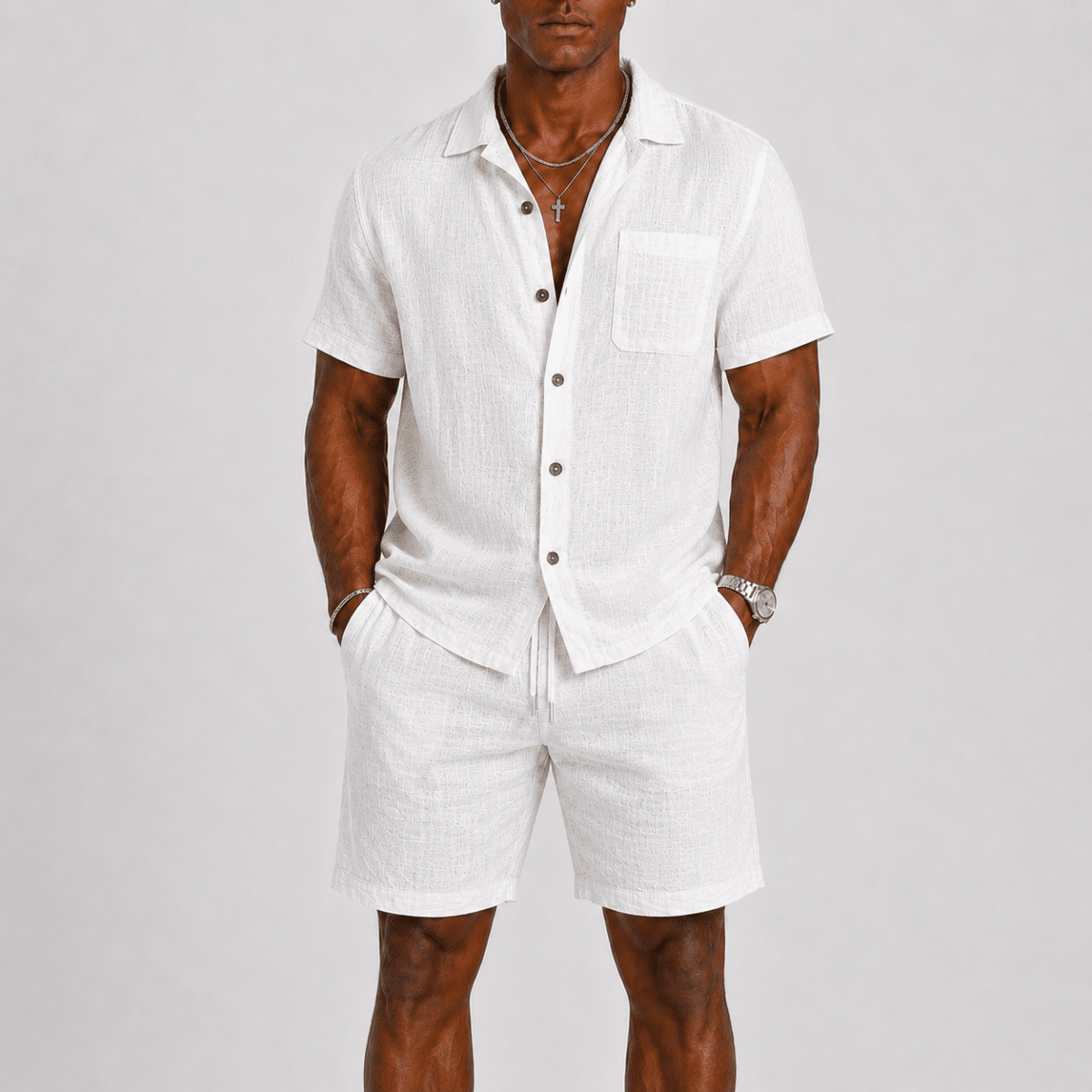 Men’s Two Piece Summer Shirt and Shorts Set-Set-Stilenza-White-S-Stilenza