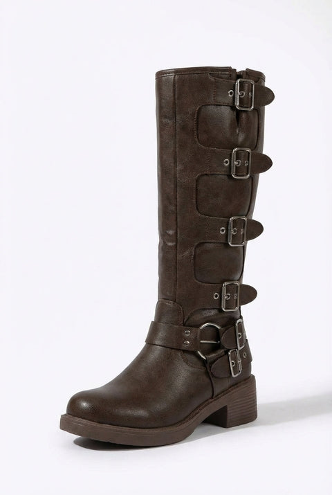 Multiple Buckle Strap Tall Biker Boots