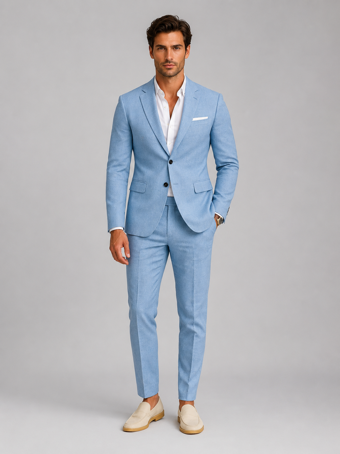 Notch Lapel Tailored Two Piece Suit with Slim Cropped Trousers-suits > two piece suit-Stilenza-Light Blue-S-Stilenza