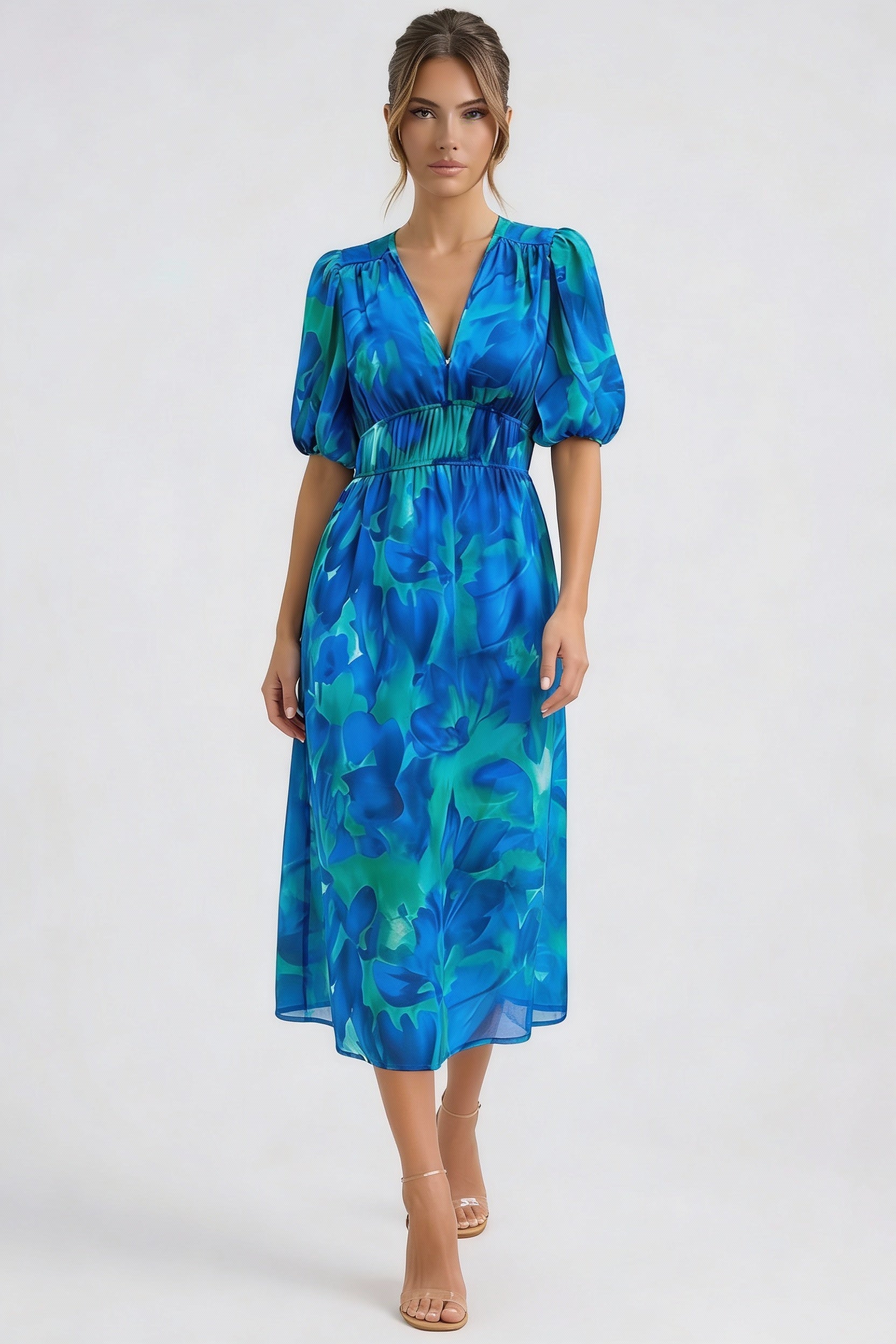 Printed V-Neck Midi Dress-Dresses-Stilenza