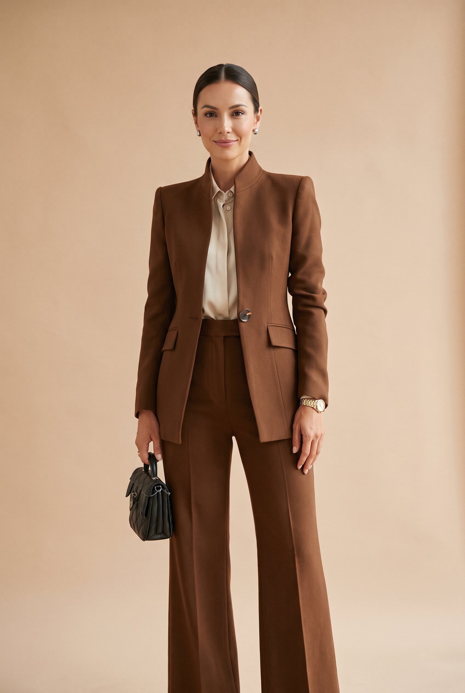 Women’s Blazer & Wide Leg Pants Set in Brown — studio front full