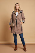 Women’s Hooded Trench Coat with Drawstring in Brown — primary studio
