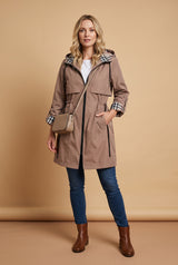 Women’s Hooded Trench Coat with Drawstring in Brown — primary studio