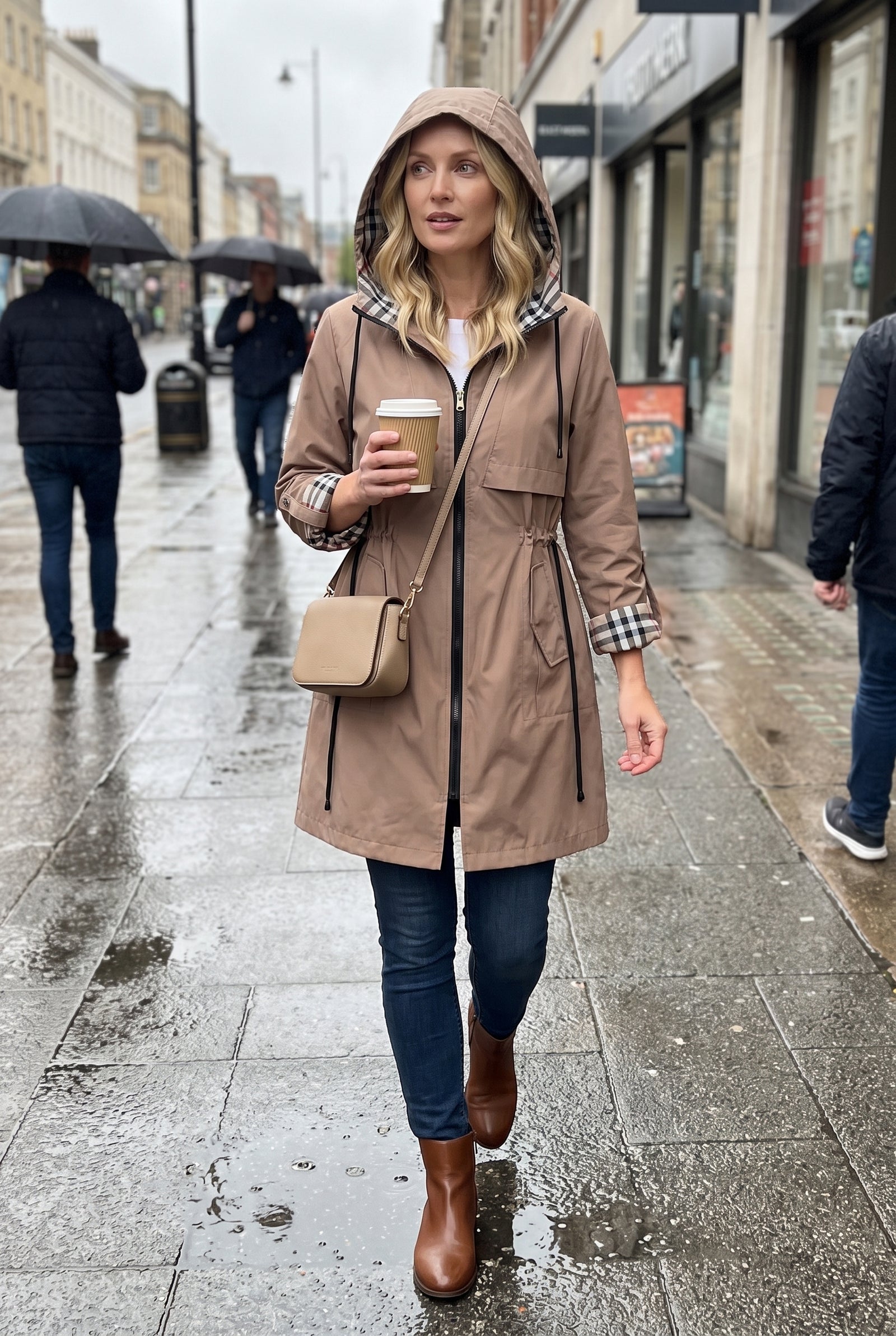 Women’s Hooded Trench Coat with Drawstring  in Brown — secondary lifestyle