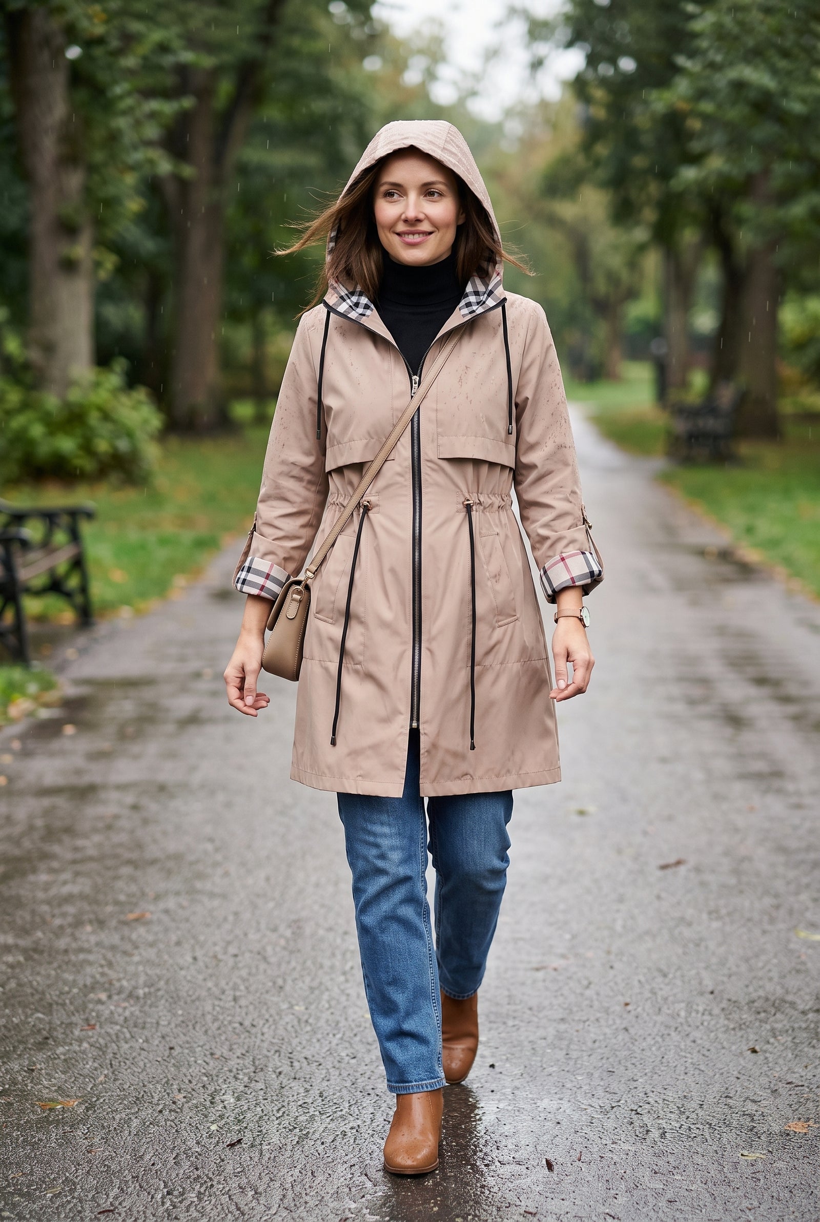 Women’s Hooded Trench Coat with Drawstring in Beige — secondary lifestyle