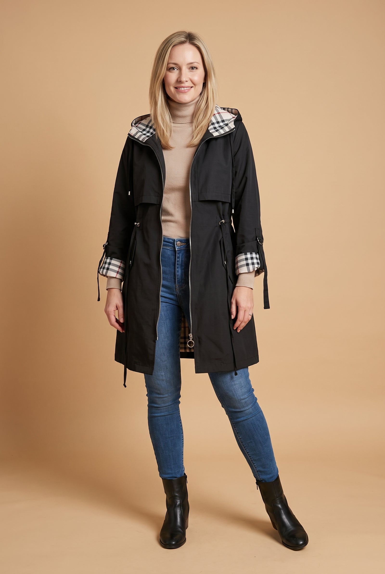 Women’s Hooded Trench Coat with Drawstring in Black — studio front