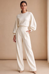 Women’s White Two-Piece Knit Set | Sweater & Wide Leg Pants Outfit — studio front