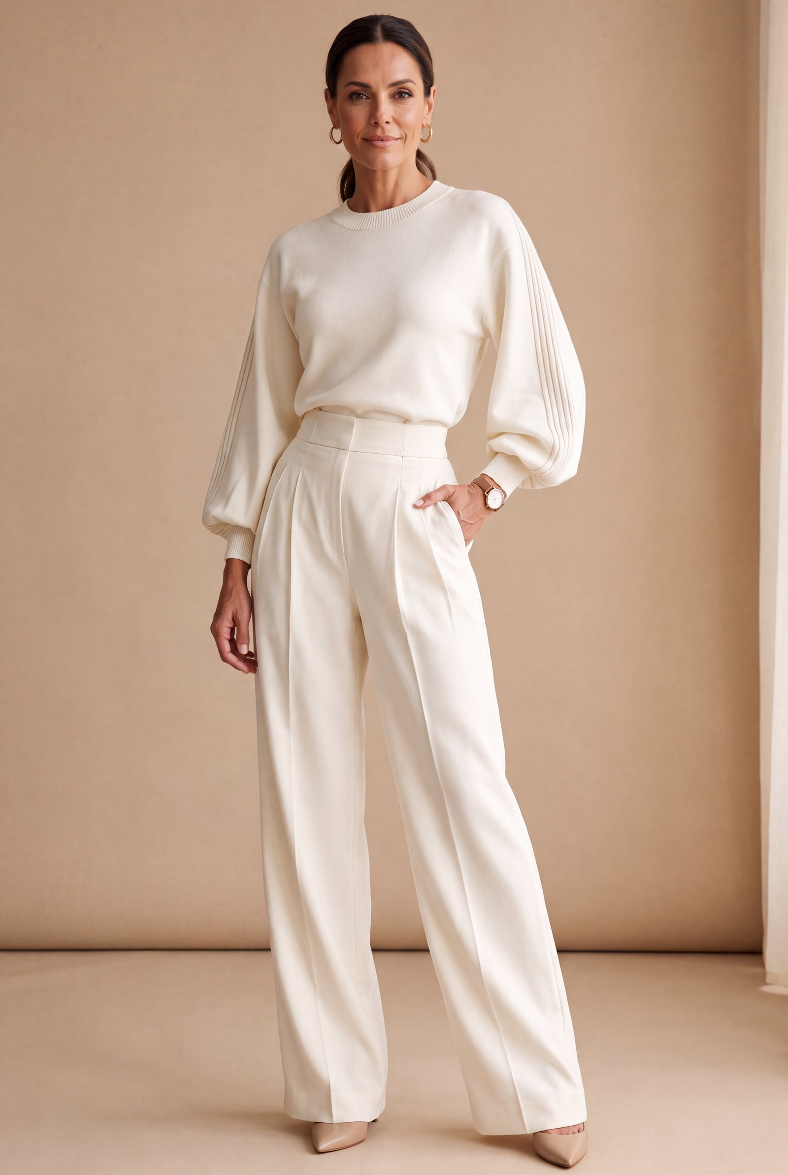 Women’s White Two-Piece Knit Set | Sweater & Wide Leg Pants Outfit — studio front