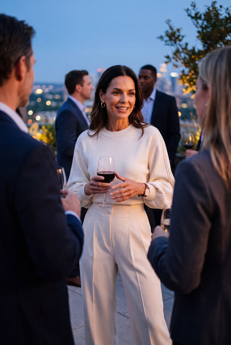 Women’s White Two-Piece Knit Set | Sweater & Wide Leg Pants Outfit— networking event
