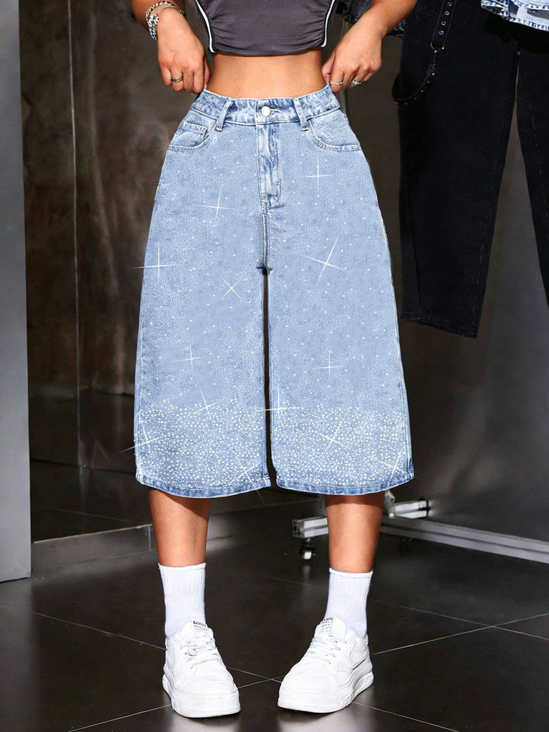 Women’s Denim Bermuda Shorts with Rhinestone Detail-Stilenza-Stilenza