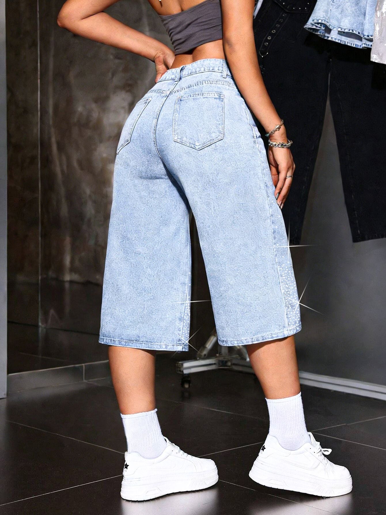 Women’s Denim Bermuda Shorts with Rhinestone Detail-Stilenza-Stilenza