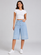 Women’s Denim Bermuda Shorts with Rhinestone Detail-Stilenza-Blue-XS-Stilenza