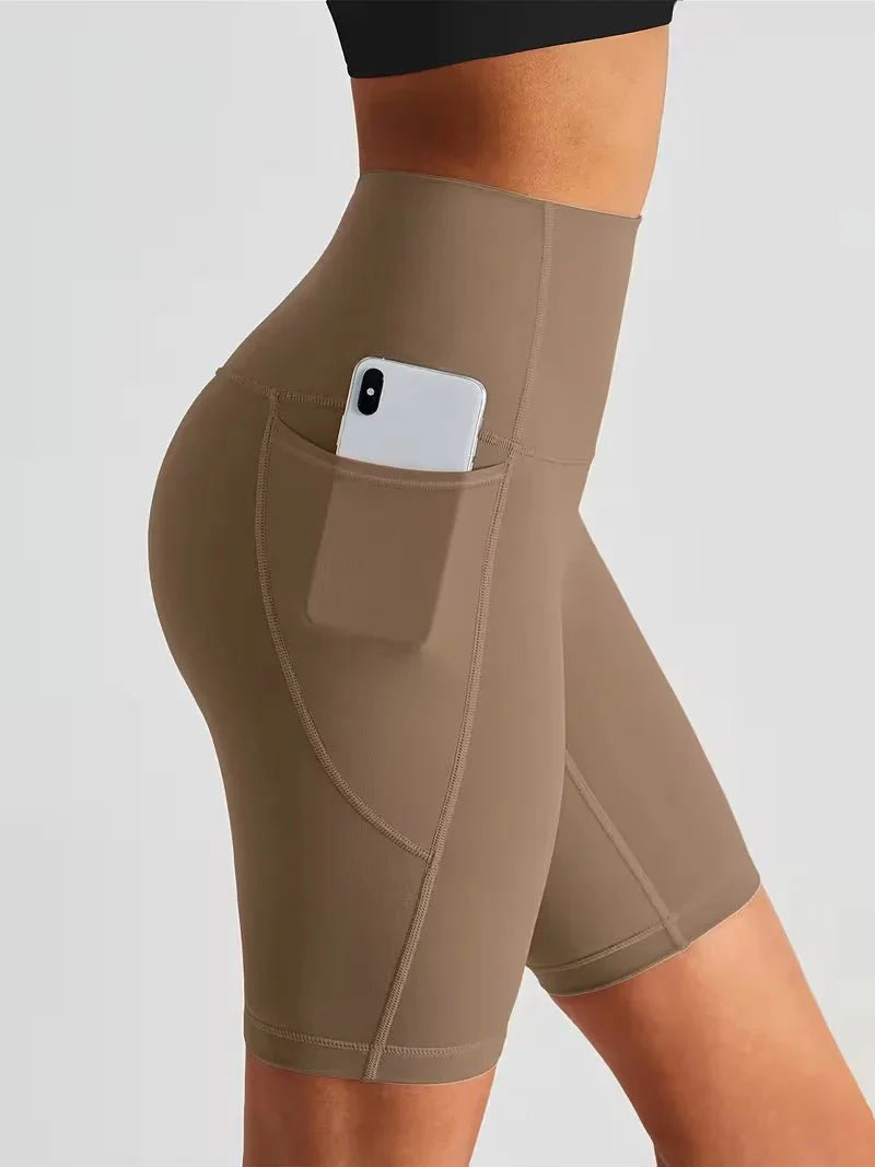 Women’s High Waisted Short Gym Leggings with Pocket-Sportshort-Stilenza-Beige-S-Stilenza