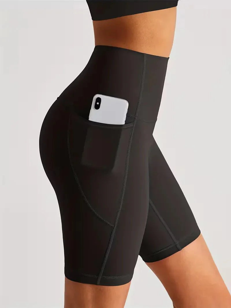 Women’s High Waisted Short Gym Leggings with Pocket-Sportshort-Stilenza-Black-S-Stilenza