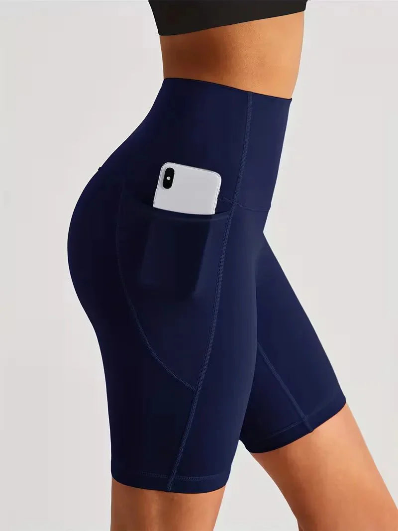 Women’s High Waisted Short Gym Leggings with Pocket-Sportshort-Stilenza-Navy Blue-S-Stilenza