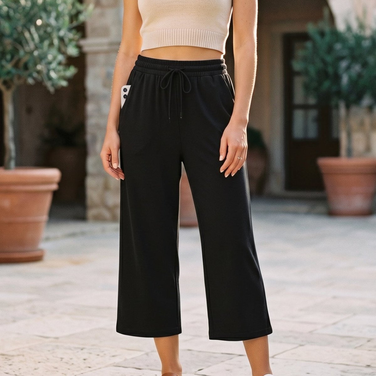Women’s Wide Leg Capri Pants with Pockets-Yoga Pants-Stilenza-Stilenza