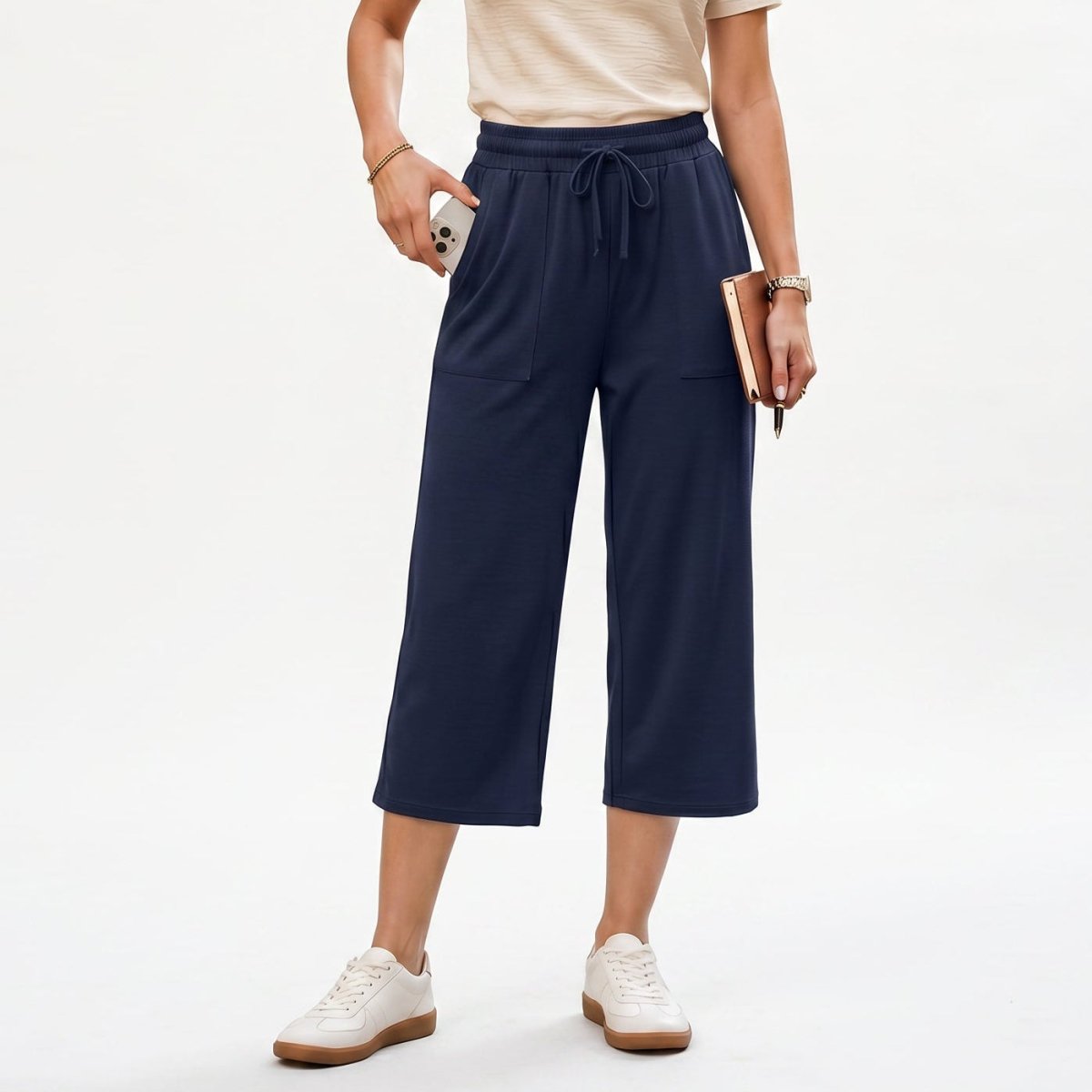 Women’s Wide Leg Capri Pants with Pockets-Yoga Pants-Stilenza-Navy Blue-S-Stilenza