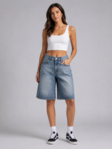 Women’s Wide Leg Denim Bermuda Shorts-Stilenza-Denim Blue-S-Stilenza