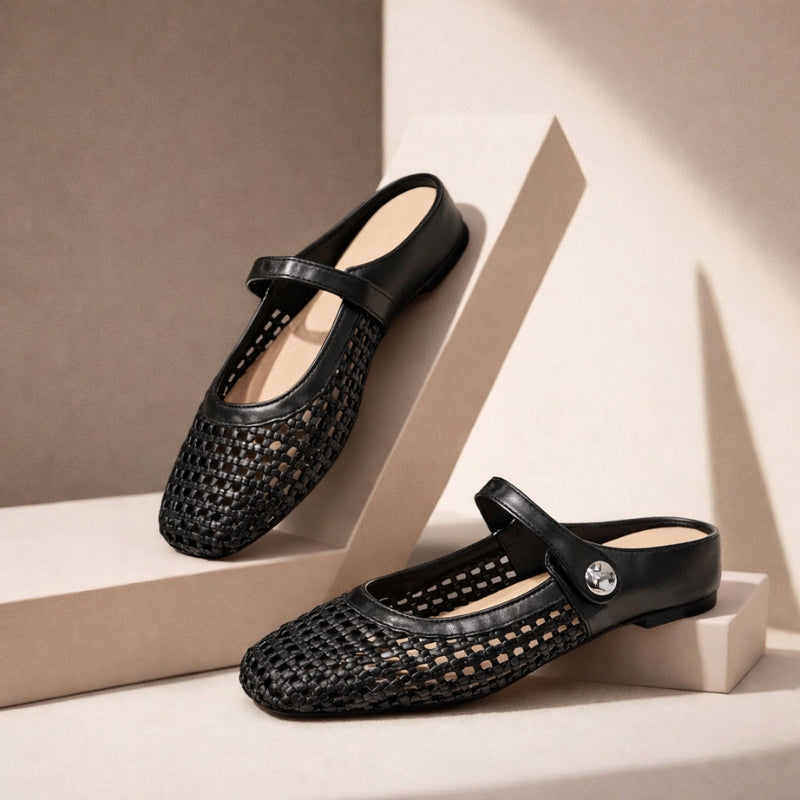 Women’s Woven Mule Flats with Strap-Flats-Stilenza-Black-35-Stilenza