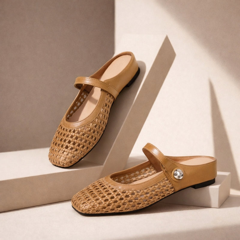 Women’s Woven Mule Flats with Strap-Flats-Stilenza-Camel-35-Stilenza