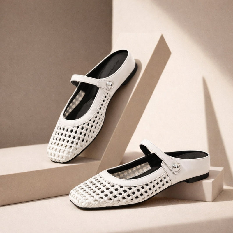 Women’s Woven Mule Flats with Strap-Flats-Stilenza-White-35-Stilenza