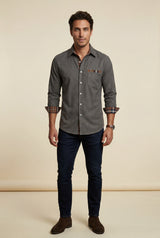 Dark Gray Men's Plaid Trim Button-Up Casual Shirt - Photo 1