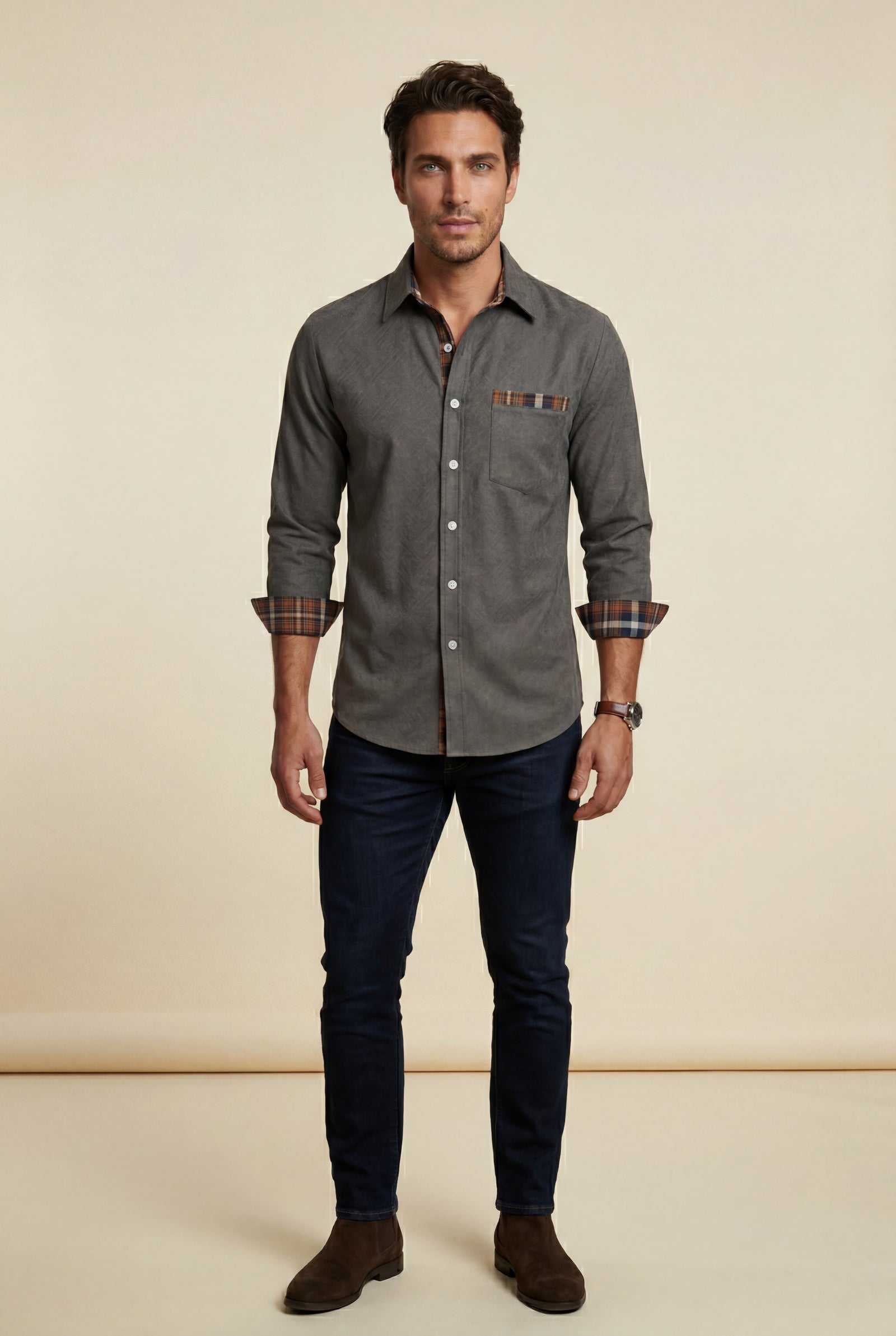 Dark Gray Men's Plaid Trim Button-Up Casual Shirt - Photo 1