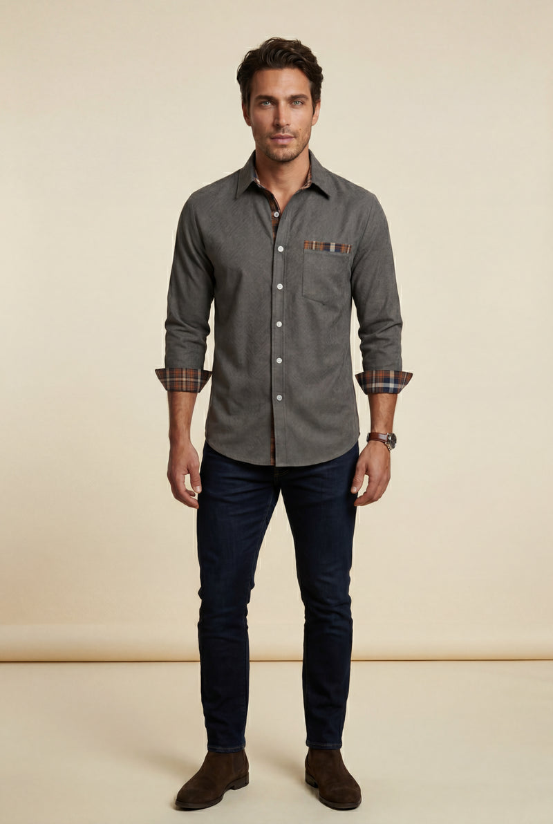 Dark Gray Men's Plaid Trim Button-Up Casual Shirt - Photo 1