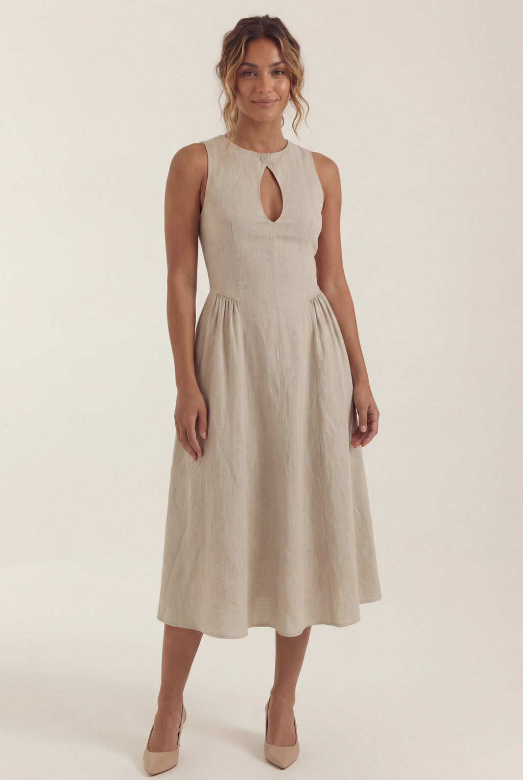 A-Line Cutout Midi Dress - Sand Beige - Photo 1