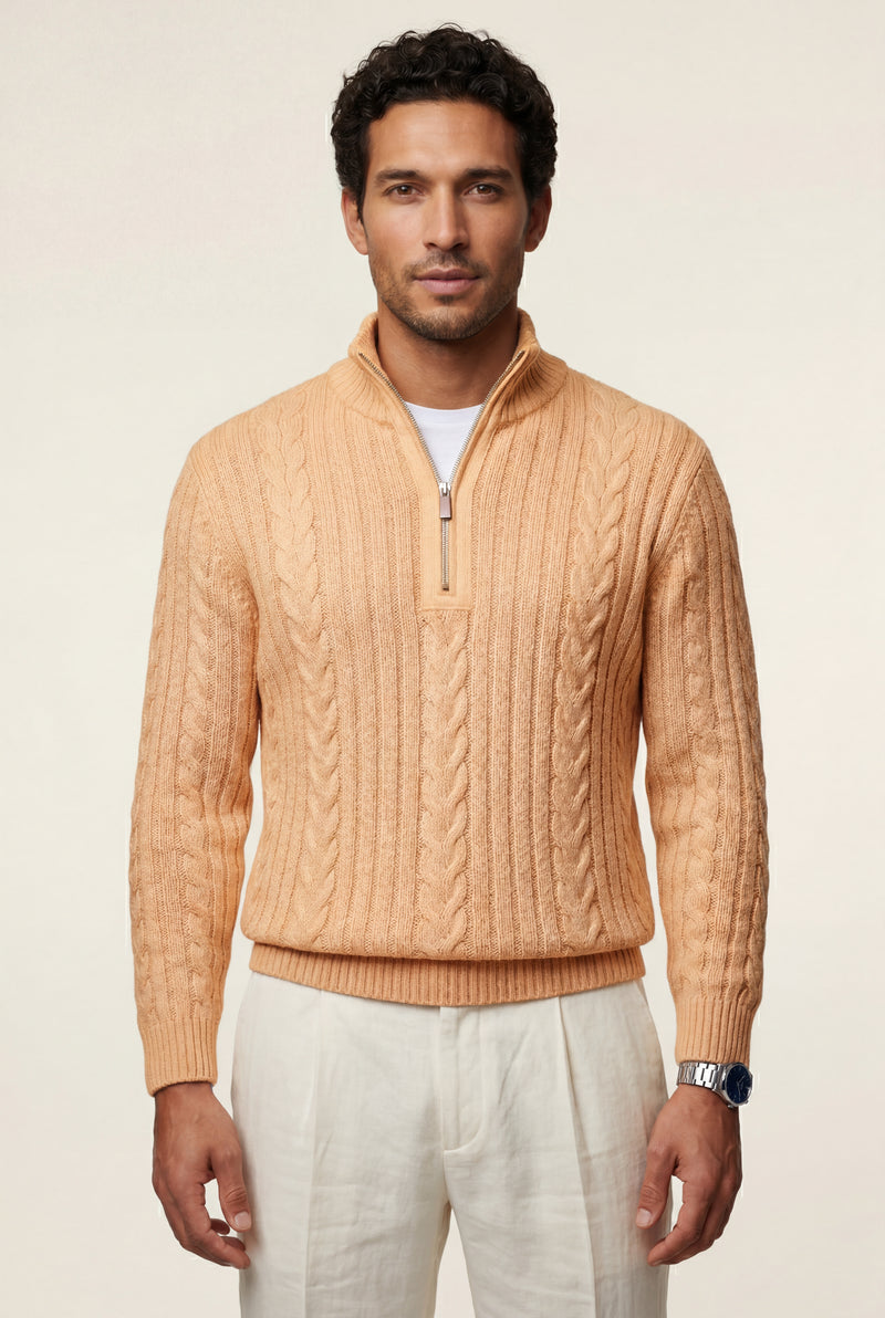 Apricot Cable- Half-zip Turtleneck Sweater with Ribbed Hem - Turtleneck sweaters - Photo 2