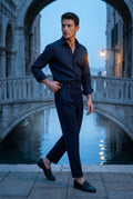 Navy Blue Double Pleat High-waisted Tailored Trousers with Side Adjusters - Pleated trousers - Photo 6