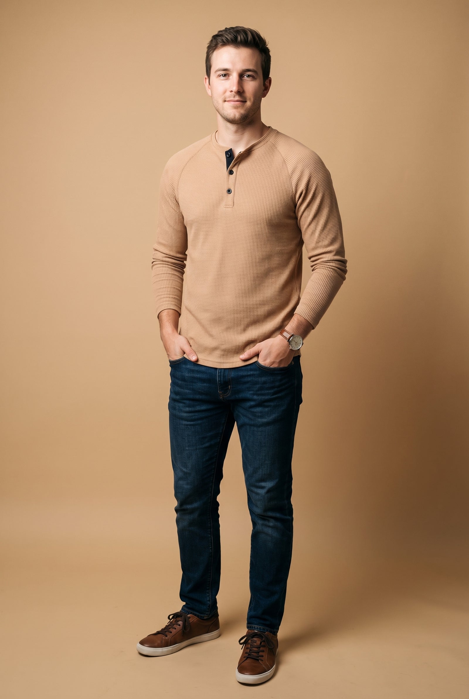 Men's Henley Shirt Long Sleeve Button Placket in Apricot — studio front