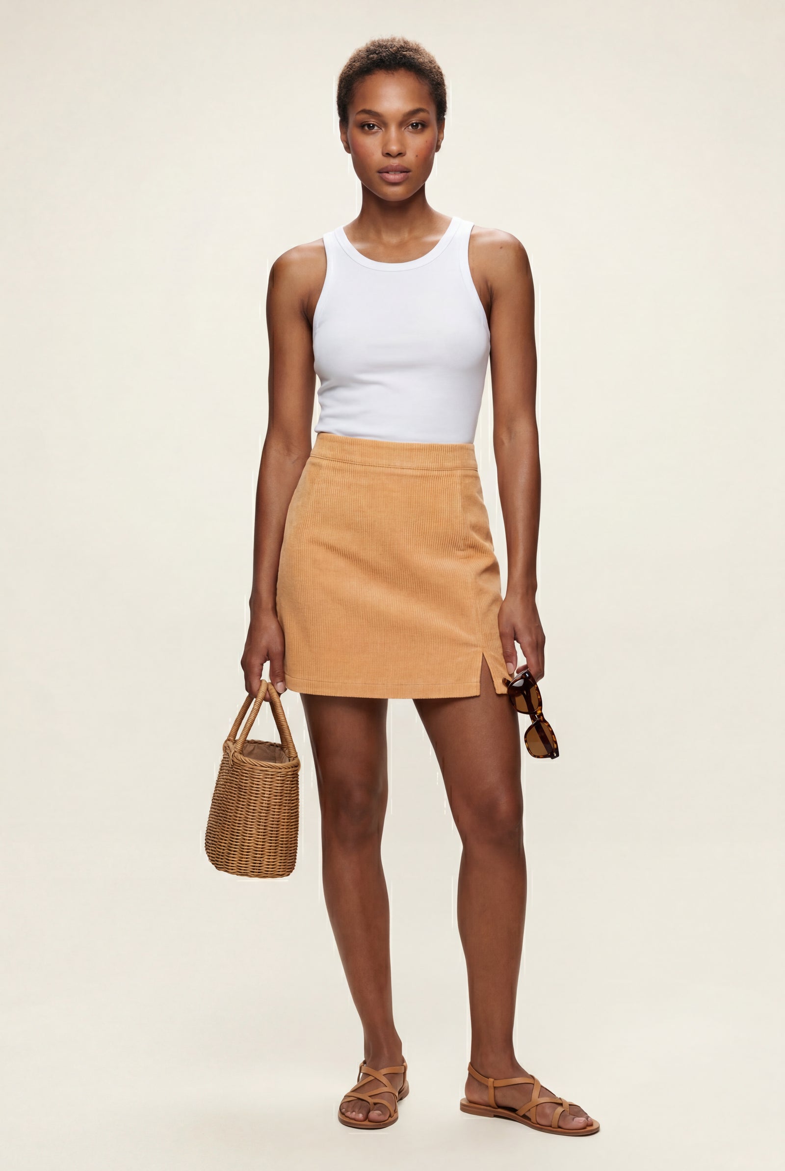 Apricot Ribbed High Waist Mini Skirt with Front Slit - Short skirts - Photo 1